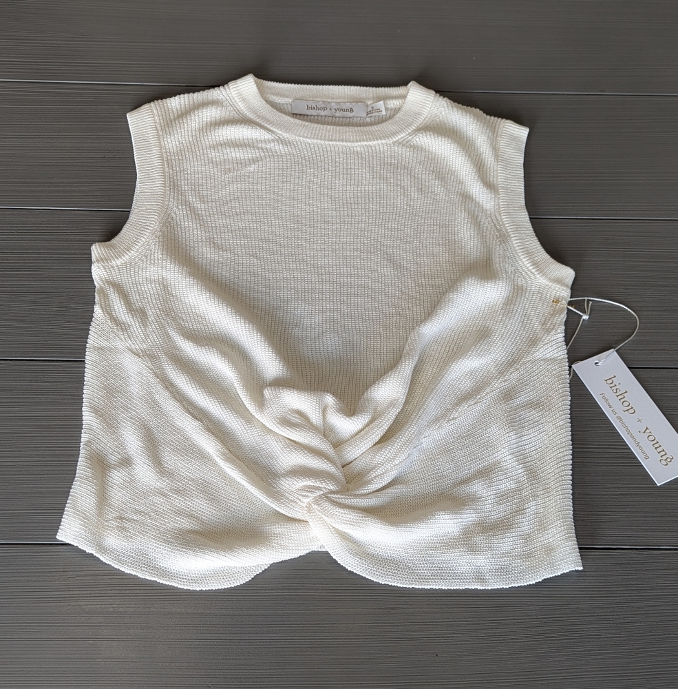 NWT Bishop + Young Bonita Crop Twist Front White Ribbed Sweater XS-S-M-L